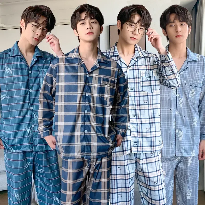 

And for Sleepwear Check Spring pj Pajamas Pijamas Long-sleeved Print cotton Trousers Suits Men Homewear Men's Autumn
