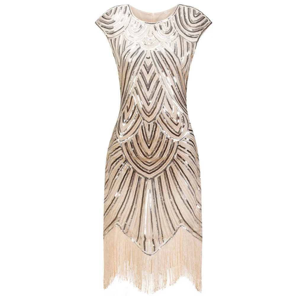 

1920s Vintage Inspired Sequin Embellished Fringe Long Flapper Dress O-Neck Cap Sleeve Geometric Fancy 20s Party Dress