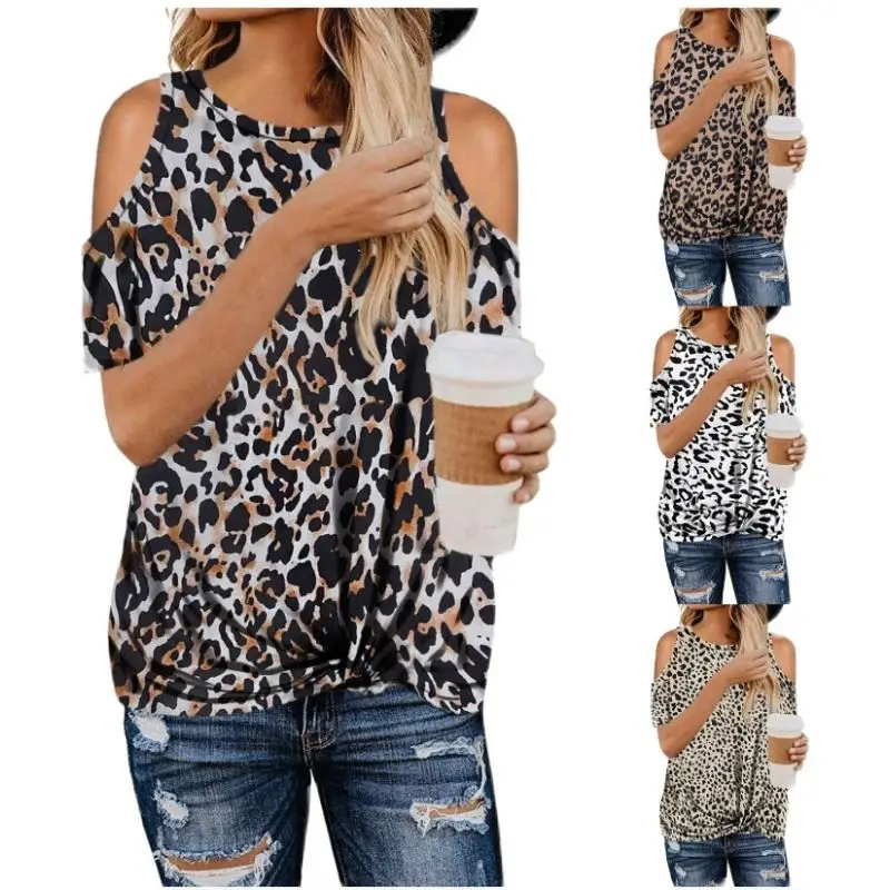 

New Style Summer Fashion Leopard Print Camouflage TwisTed Off Shoulder Short Sleeved T-shirt Women's Trend