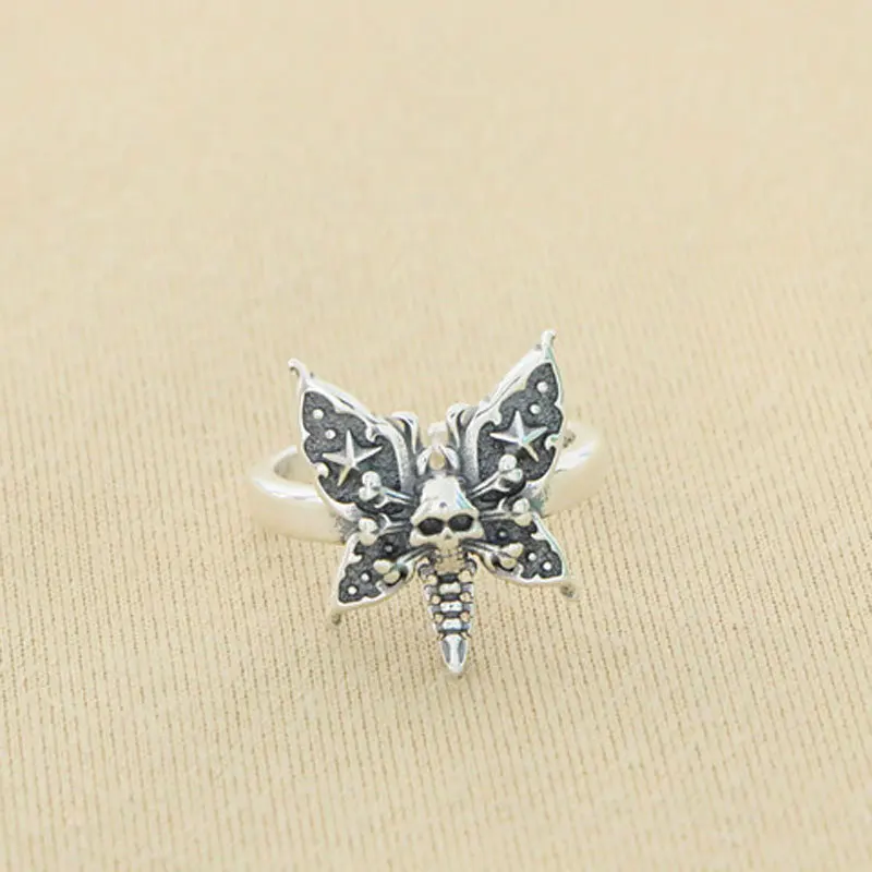 

S925 Sterling Silver Fashion American Letter Personalized Skull Head Butterfly Open Ring Men's Retro Trendy Ring Dominant