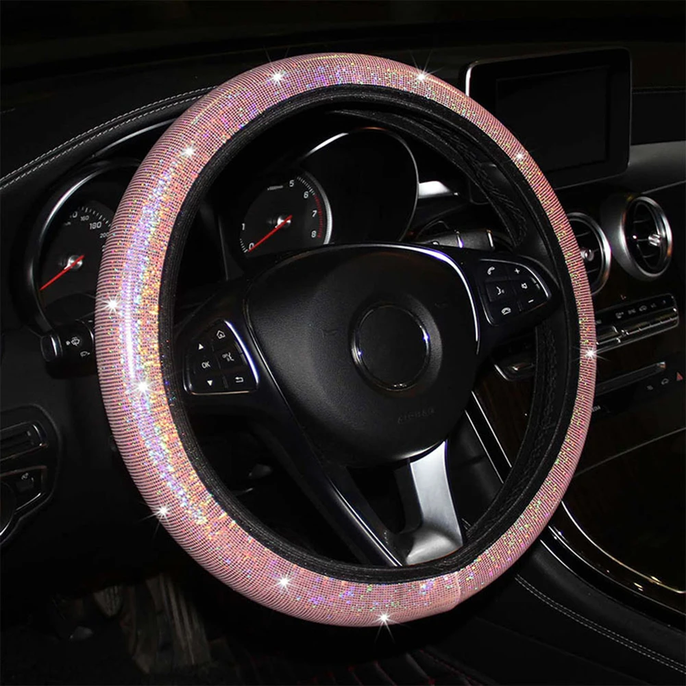 

1pcs Steering Wheel Cover Glitter Bling Handbrake Cover Gear Cover Pink 100% Brand New 14.56-14.96 Inches 3PCS/set Car Interior