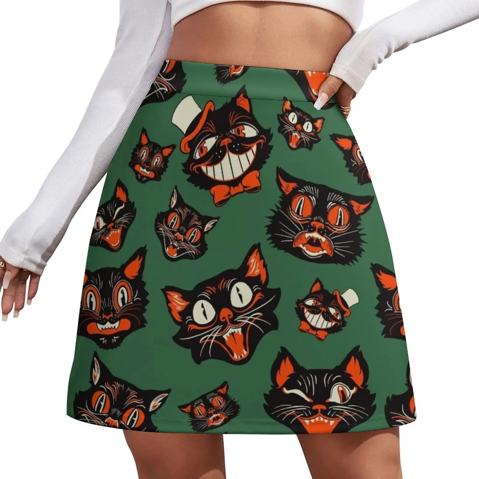 

Retro Vintage Halloween Black Cat Faces Pattern - GREEN Background Mini Skirt Women's skirts cosplay Female dress