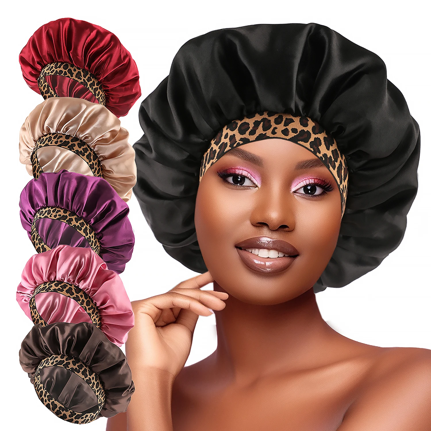 

2024 New Fashion Satin Sleeping Hat Night Sleep Hair Care Bonnet Nightcap Popular Leopard Silk Wide-Brimmed Shower Cap