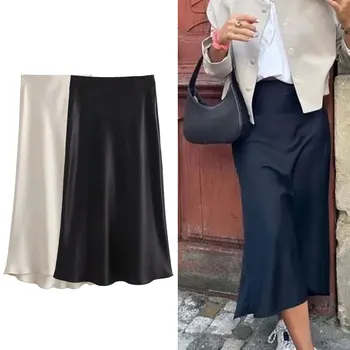 Vista-se com Elegância: Saia de Tule com Estampa de Leopardo da TRAF 13 TRAFZA Women Elegant Solid Satin Long Skirt Chic Y2K High Waist Slim Skirts Female Fashion Silk Texture Ladies Tight Midi Skirt