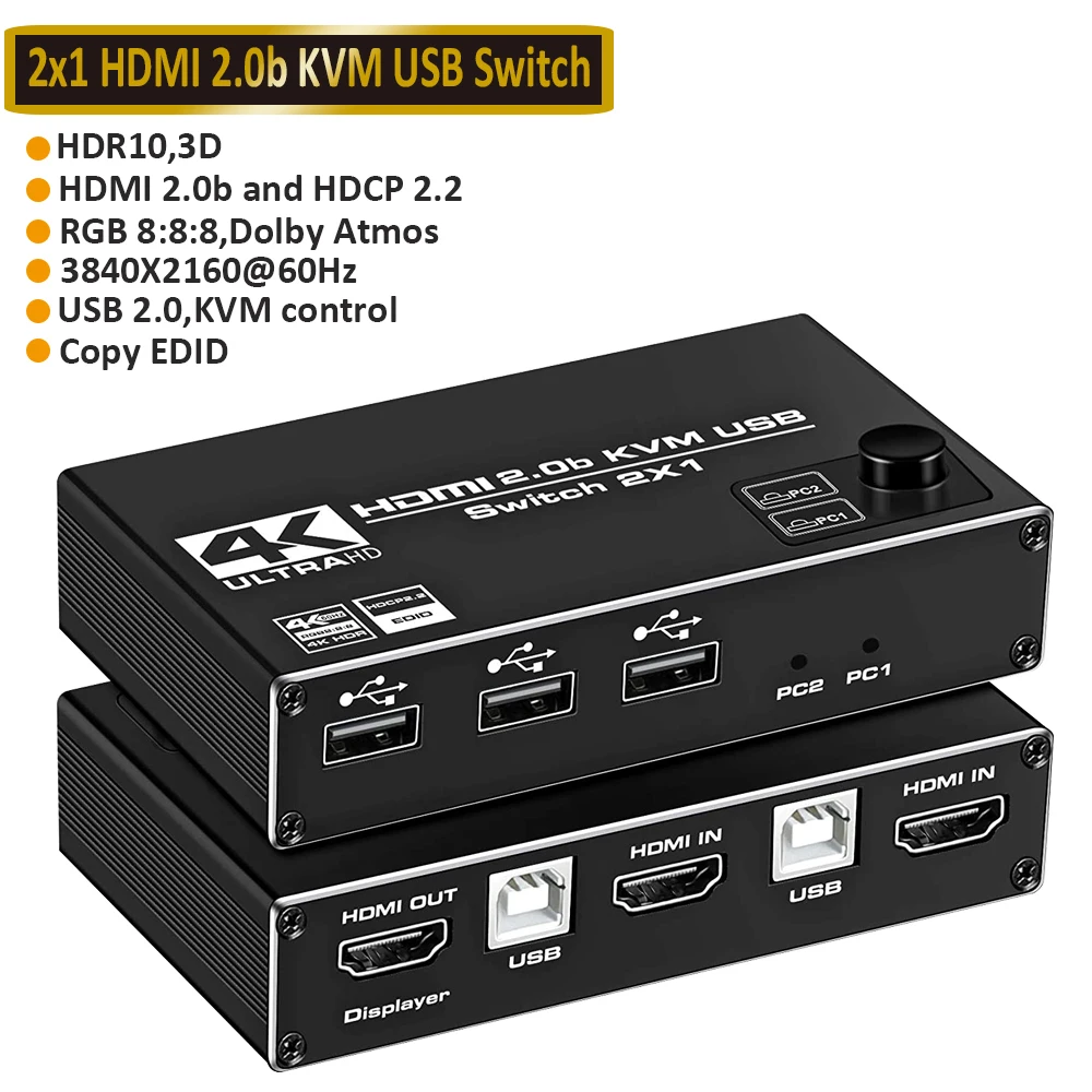 HDMI 2X1 KVM USB KVM Switch USB2.0 Switcher KVM Switch for Windows10 PC Keyboard Mouse Printer 2 PCs Sharing 1 Devices 
HDMI 2X1 KVM USB KVM Switch USB2.0 Switcher KVM Switch for Windows10 PC Keyboard Mouse Printer 2 PCs Sharing 1 Devices