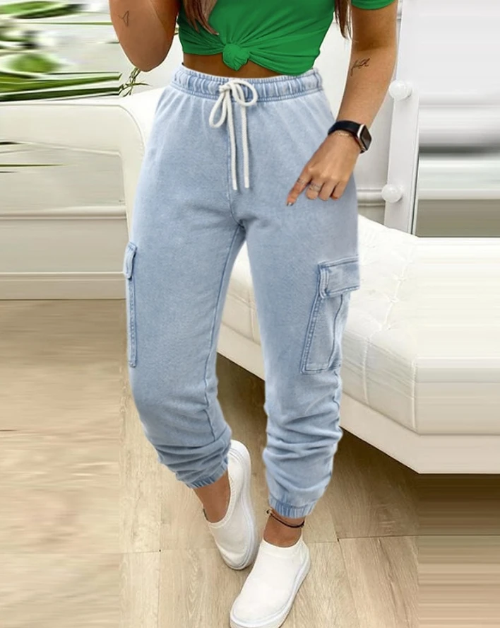 

Women's Jeans 2024 Fashion Light Colors Drawstring Pocket Design Cuffed Pants High Waisted Lace Up Long Pants Streetwear