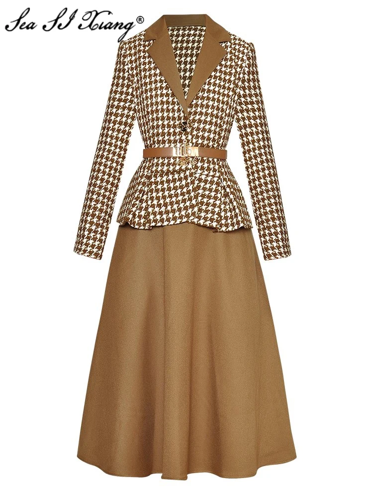 Seasixiang Fashion Designer Autumn Suit Women Long Sleeve Single Breasted Belt Plaid Tweed Coat + Skirt Office Lady 2 Piece Set
Seasixiang Fashion Designer Autumn Suit Women Long Sleeve Single Breasted Belt Plaid Tweed Coat + Skirt Office Lady 2 Piece Set