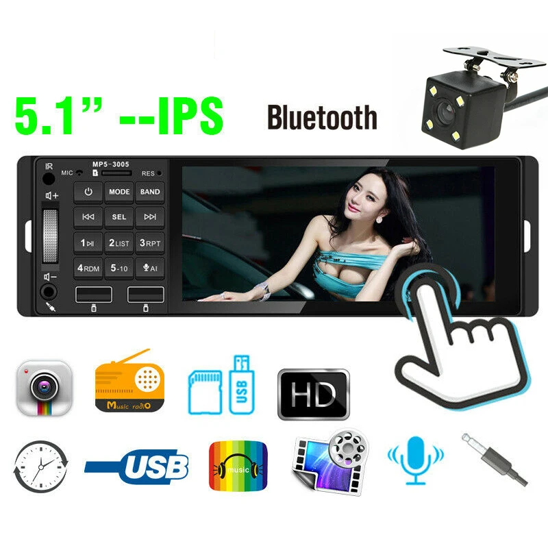 

1 Din Car MP5 Receiver 5.1 Inch Car Radio Color Light 12V USB AUX Support Bluetooth Hands-Free For Car