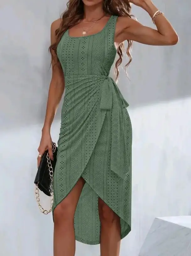 

Woman Asymmetrical Eyelet Embroidery Dresses Summer New Sleeveless U-Neck Elegant Tied Detail Slit Design Casual Midi Dress