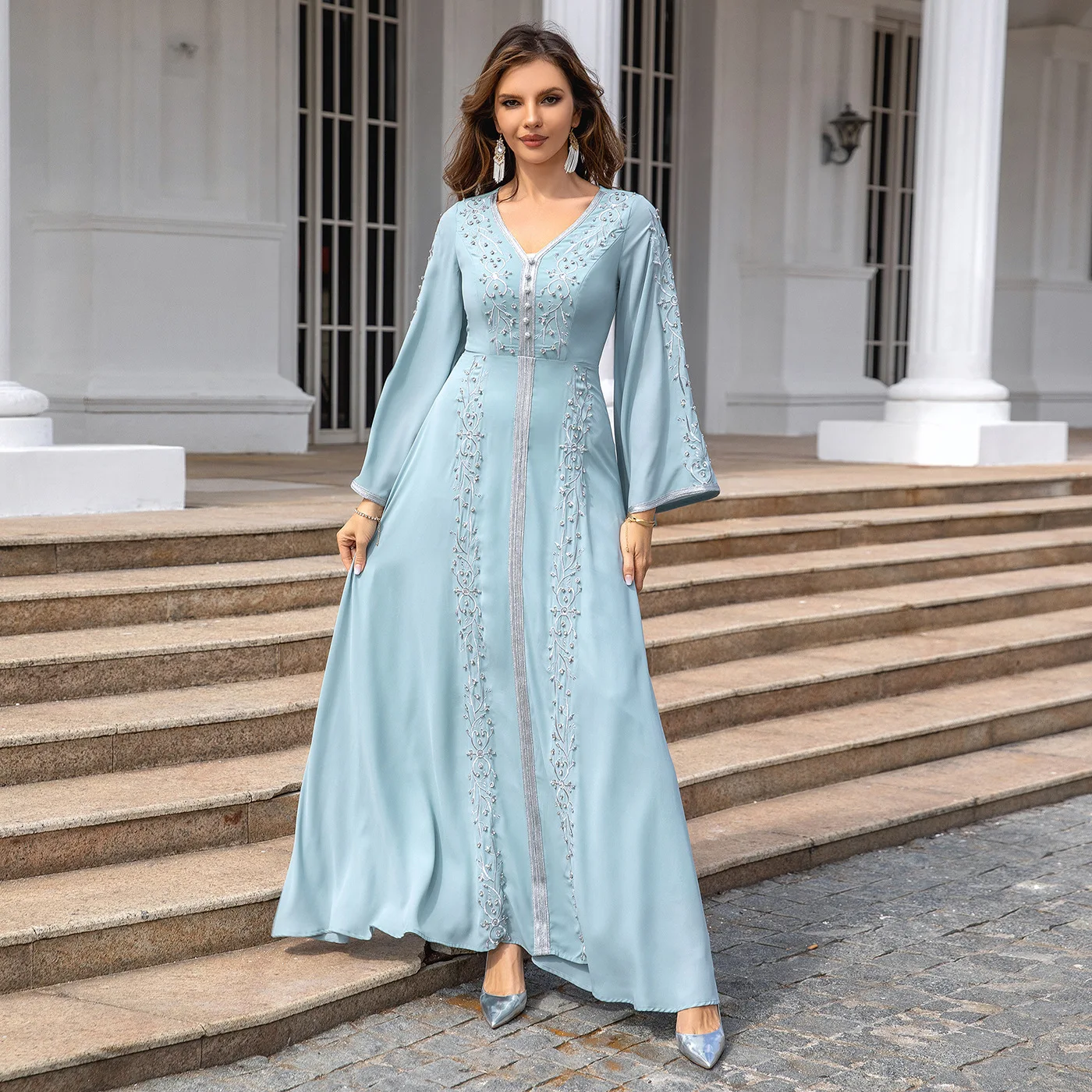 

2024 Middle East New Embroidered Beaded Lady Dress Light Luxury Dress Muslim Cross-border Europe And The United States