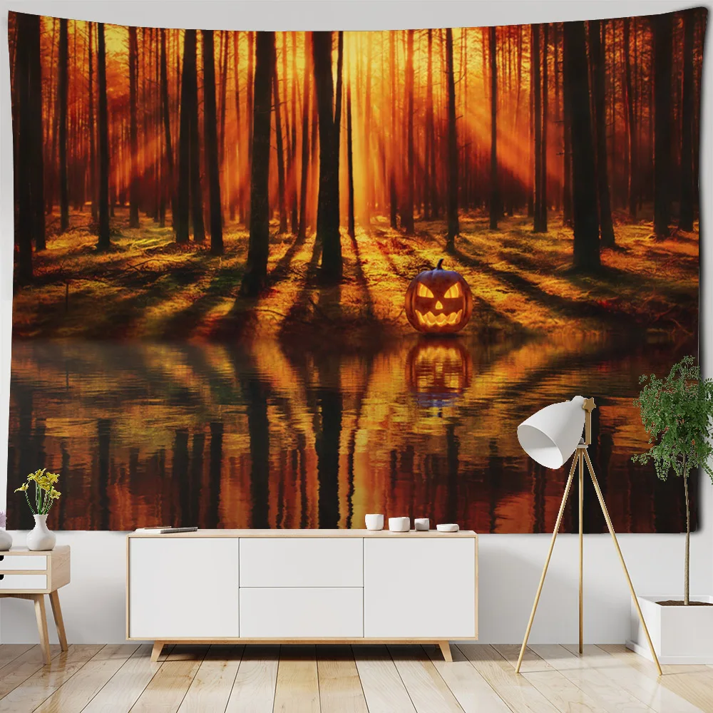 

Halloween tapestry forest pumpkin lamp children's room, home holiday decoration, horror wall, bedroom, party, restaurant, castle