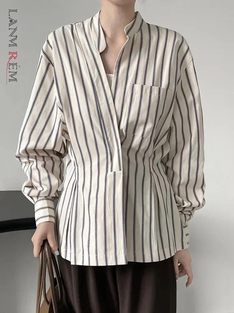 

[LANMREM] Vintage Irregular Gathered Waist Striped Shirt For Womne V-neck Single Breasted Long Sleeve Blouses 2024 Spring New