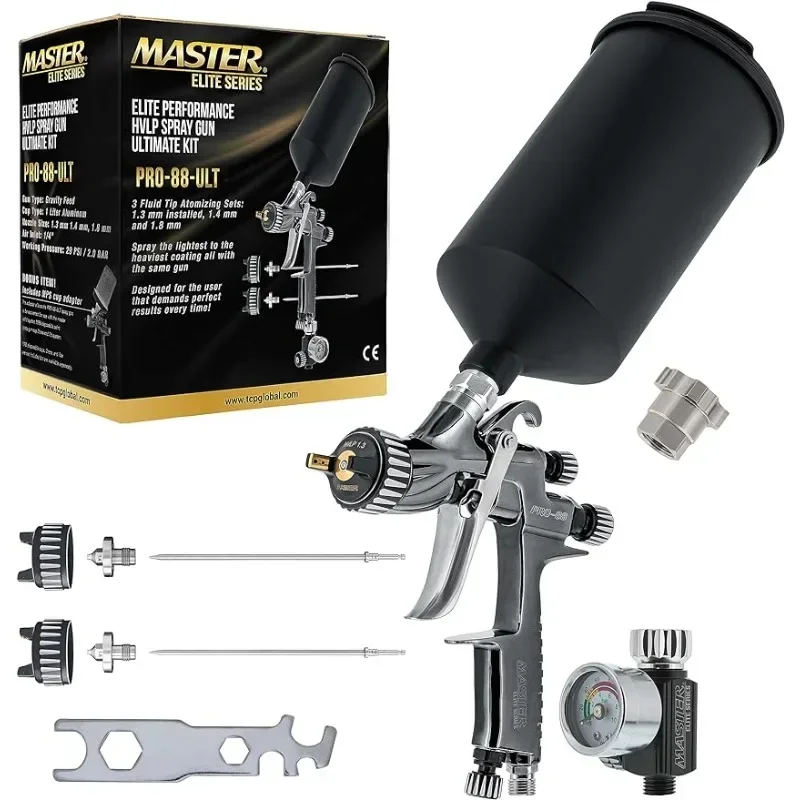 

Пистолет-распылитель Master Elite Performance PRO-88 серии HVLP Ultimate Kit с 3 насадками для жидкости 1,3, 1,4 и 1,8 мм | США | Новинка