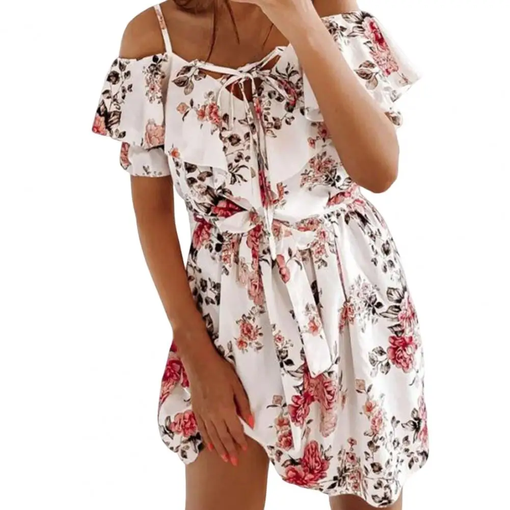 Мини-платье женское с поясом, свободное платье на шнуровке с коротким рукавом и цветочным принтом, накидка с оборками на воротнике, на бретельках, с открытыми плечами, на лето 
Мини-платье женское с поясом, свободное платье на шнуровке с коротким рукавом и цветочным принтом, накидка с оборками на воротнике, на бретельках, с открытыми плечами, на лето