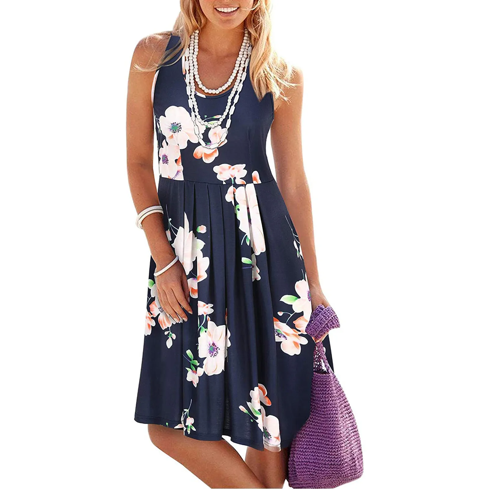 

Women Elegant Floral Print Sundress O-Neck Short Sleeve Short Pleated Dresses Holiday Beach Swing Boho Dress Vintage Vestidos