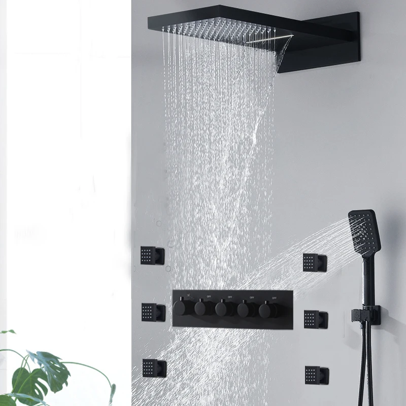 Matt black Shower Set Wall Mounted Rain and Waterfall Massage Shower System Thermostatic mixer body jet 2 inch massage
Matt black Shower Set Wall Mounted Rain and Waterfall Massage Shower System Thermostatic mixer body jet 2 inch massage