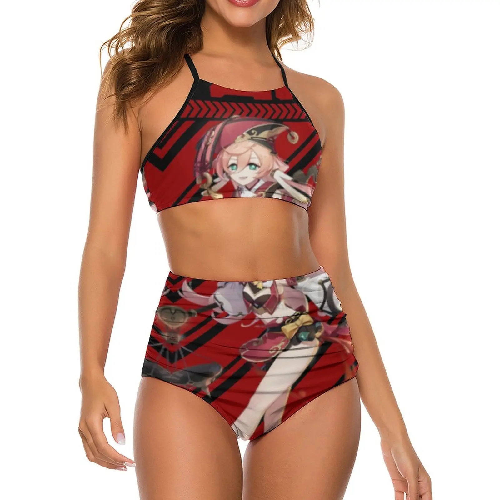 Anime Genshin Bikini Set Yanfei Wish Print Sling Bikini Swimsuit Sexy High Waist Swimwear Rave