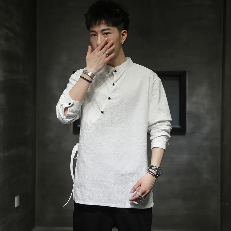

Mens Chinese Style Hemp Shirt Cotton Linen Tang Suit Hanfu Retro Stand-Up Collar Zen Clothes Harajuku tops Clothes Men Clothing