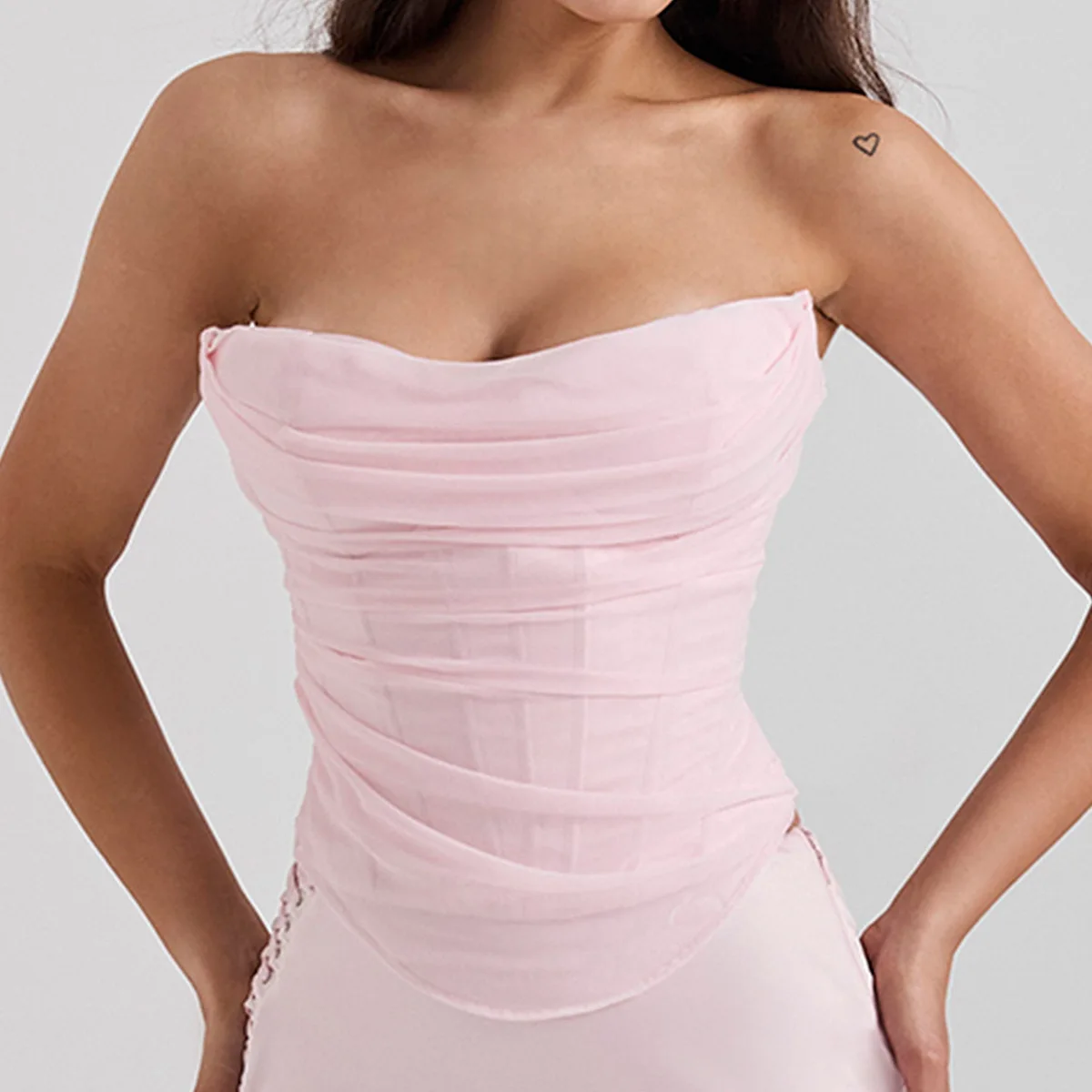 

Summer Strapless Bodycon Cropped Tops Elegant Pink Mesh Corset Top Sexy Casual Holiday Party Women's Clothing