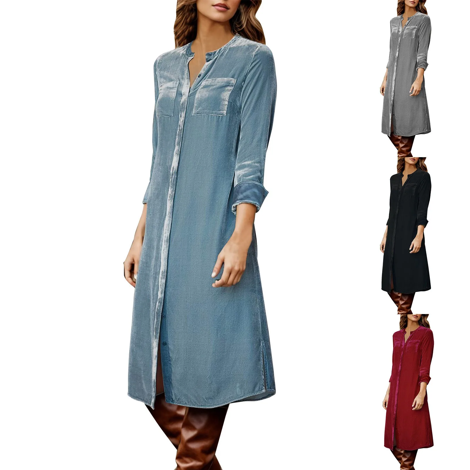 Casual Summer Womens Golden Velvet Shirt Dresses Long Sleeve V Neck Solid Color Casual Dress Holiday Dresses With Belt
Casual Summer Womens Golden Velvet Shirt Dresses Long Sleeve V Neck Solid Color Casual Dress Holiday Dresses With Belt