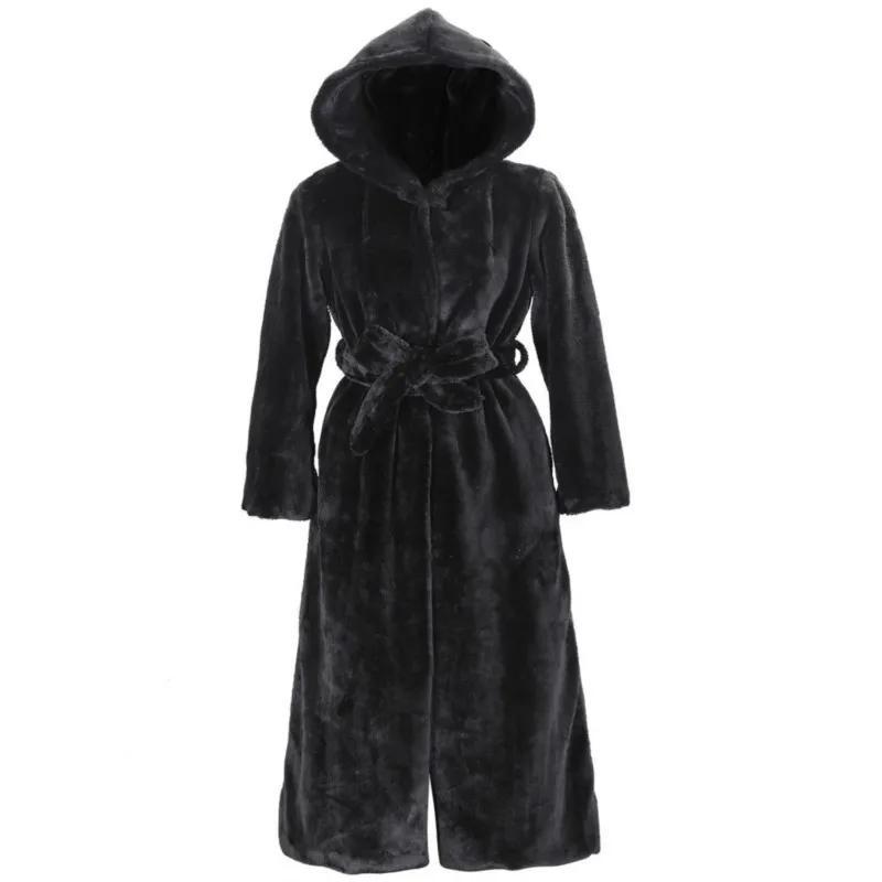 

Женское теплое меховое пальто с капюшоном, повседневное однотонное пальто средней длины из искусственного меха с длинным рукавом, куртка большого размера для зимы, 2024