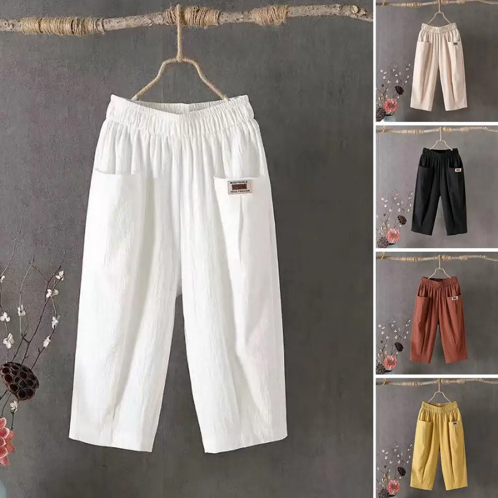 

Loose Pants Stylish Women's Mid-rise Wide Leg Cropped Pants with Elastic Waistband Pockets Harem Trousers for Summer Fashion