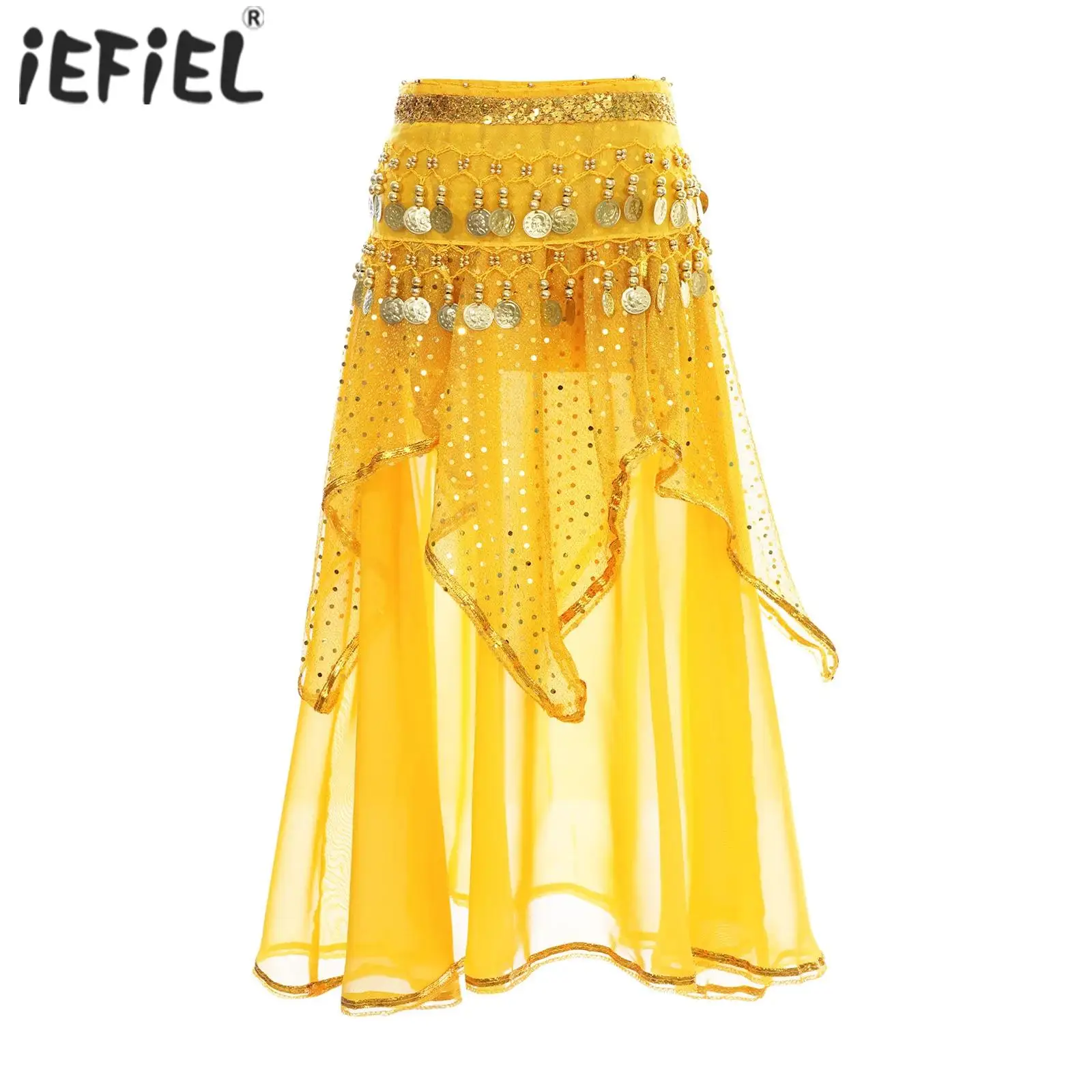 

Kids Girls Belly Dance Skirt with Gold Trim Sequined Dots Irregular Layered Skirt with Beads Coins Tassel Waist Chain Hip Scarf