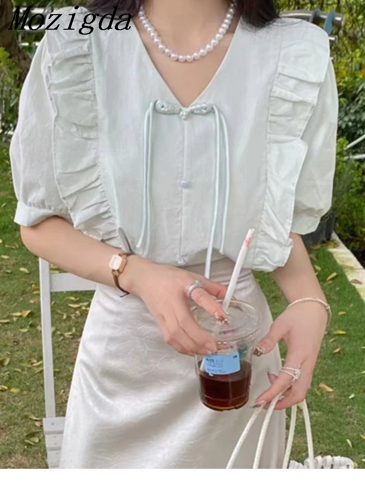 

Summer Shirt V Neck Ruffle Blouse Women Casual Korean Lace Up Puff Sleeve Ladies Shirts Tops Blusas Mujer De Moda
