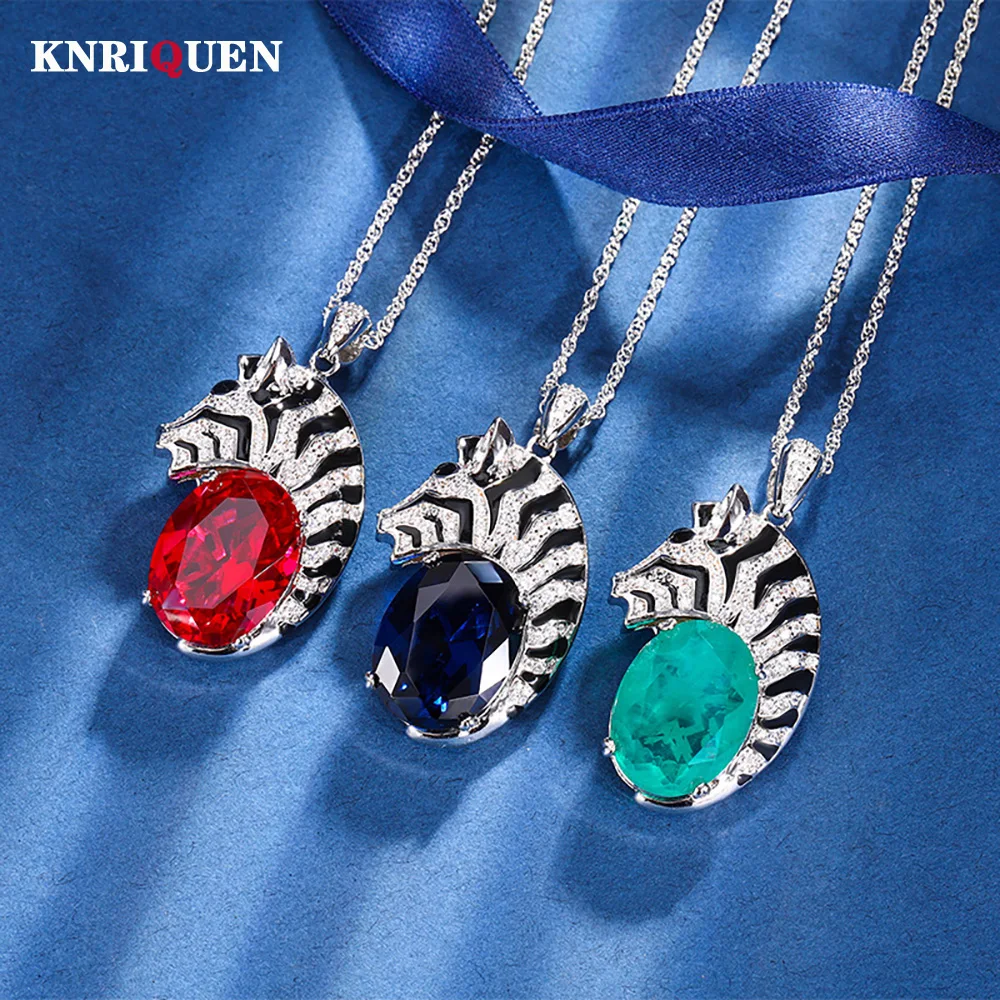 

New Vintage 15*20mm Ruby Emerald Sapphire Zebra Pendant Necklace for Women Lab Diamond Cocktail Party Fine Jewelry Female Gift