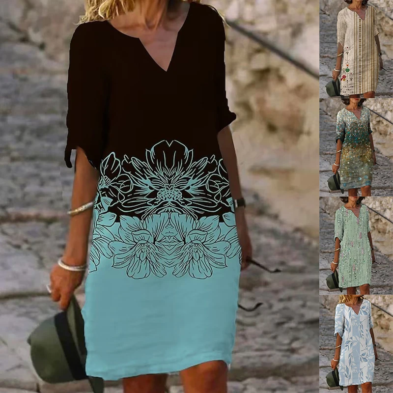 Floral Printed Dresses Vintage Short Sleeve Summer A-Line Elegant Ladies Boho Dresses Casual Loose V-Neck Women Party Dress
Floral Printed Dresses Vintage Short Sleeve Summer A-Line Elegant Ladies Boho Dresses Casual Loose V-Neck Women Party Dress