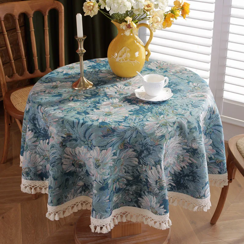 

Dust Proof Retro Polyester Cotton Color Woven Jacquard Oil Painting Blue Daisy Cross Fringe Tablecloth Round Tea Table Cloth