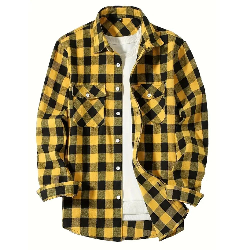 

2024 New Men's button-up regular Casual Plaid Flannel Shirt Long-Sleeved Chest Two Pocket Design Fashion Printed-Button 5 Colors