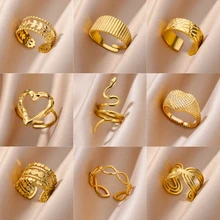 Stainless Steel Rings for Women Jewelry Summer Accessories Simple Vintage Gold Color Adjustable Aesthetic Gothic Snake Wide Ring