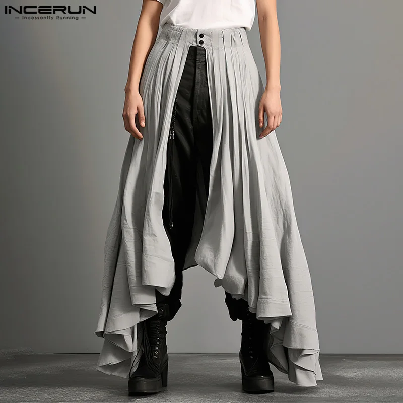 

INCERUN 2024 модные мужские брюки с разрезом и асимметричным подолом, дизайнерские брюки с широкими штанинами, однотонные удобные плиссированные полуюбки, брюки