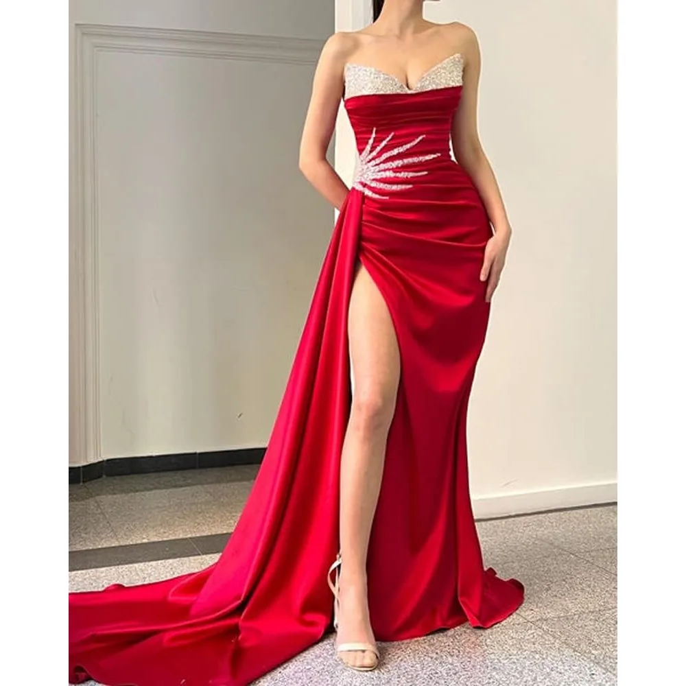 

Wakuta Sequin Strapless Mermaid Prom Dresses High Slit Formal Evening Gown V Neck Party Dress for Women فساتين شابات سهرات قصيره
