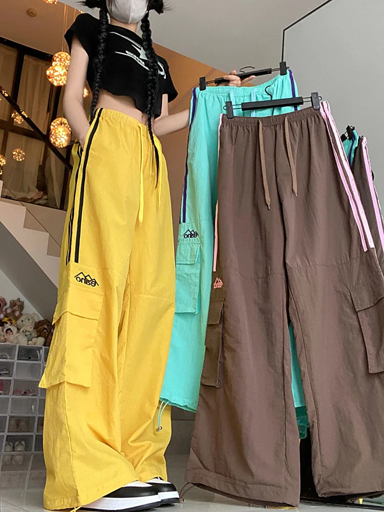 

Женские полосатые брюки-карго Y2K, спортивные брюки большого размера с широкими штанинами в стиле Харадзюку, уличная одежда, мешковатые джоггеры, повседневные спортивные брюки 2024