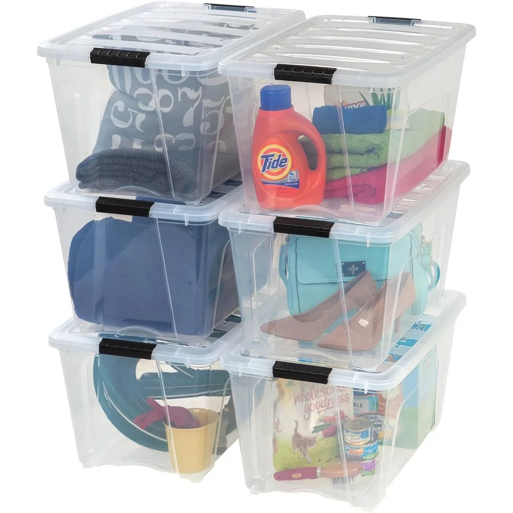 

IRIS USA 53 Quart Stackable Plastic Storage Bins with Lids and Latching Buckles, 6 Pack - Clear, Containers with Lids
