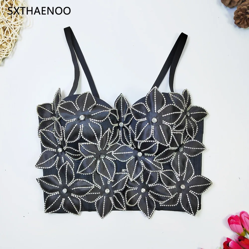 

SXTHAENOO 2023 New Applique Beaded Camisole Women Fashion Slim Cropped Top Bustier Bra Sexy Night Club Party Tank Top Summer
