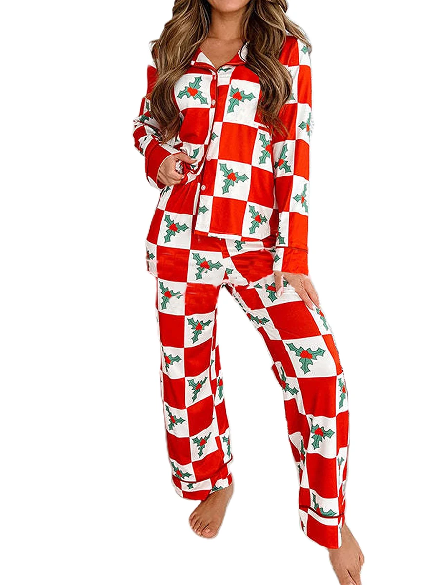 

Women s Christmas Pajama Set Checked Print Pajamas Long Sleeve Button Up Pj Set Elastic Cuffs Warm Pjs for Women