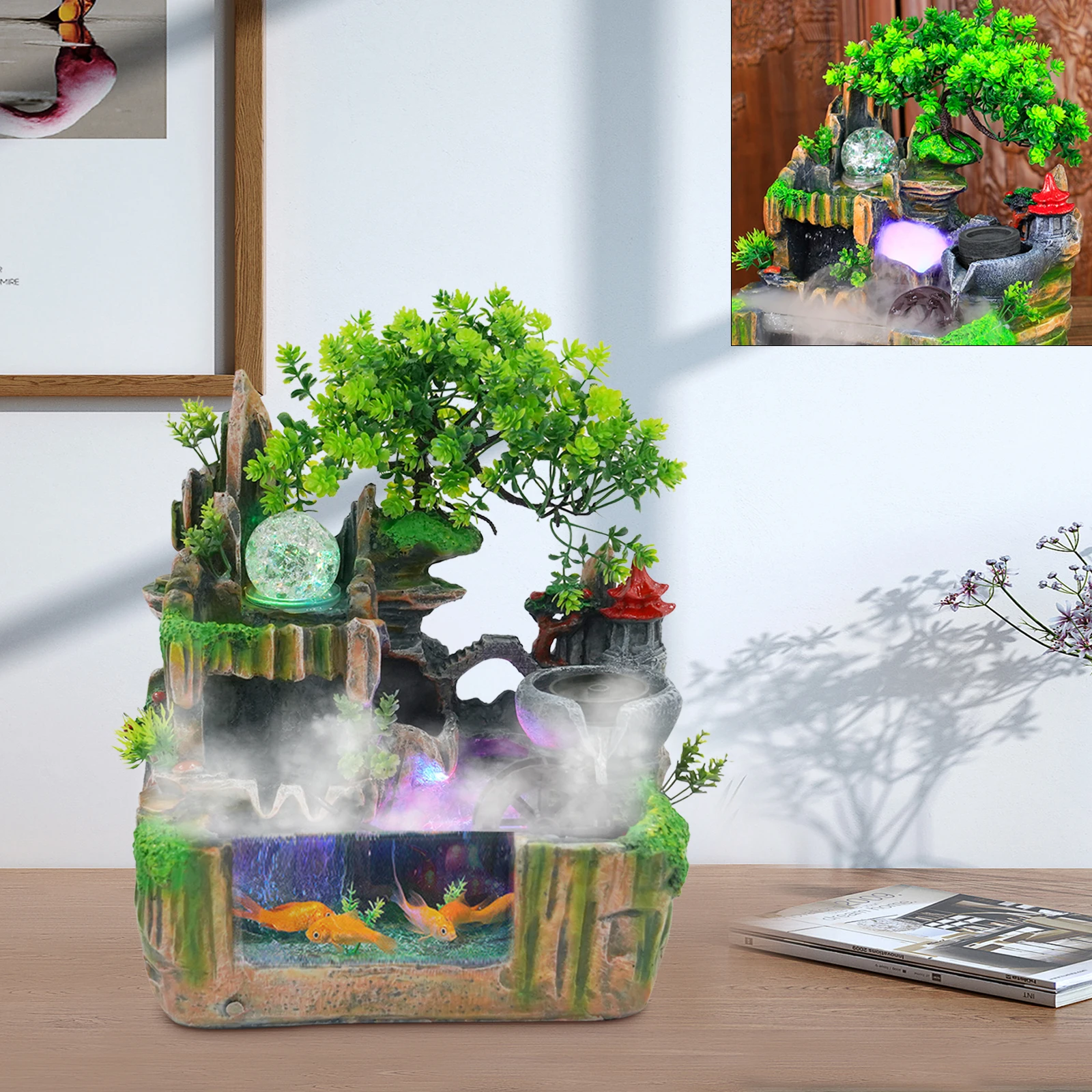 Rockery Fountain Small Rockery Water Fountain Indoor with LED Lamp Atomization Effect Suitable for Office Decoration Rockery Fountain Small Rockery Water Fountain Indoor with LED Lamp Atomization Effect Suitable for Office Decoration