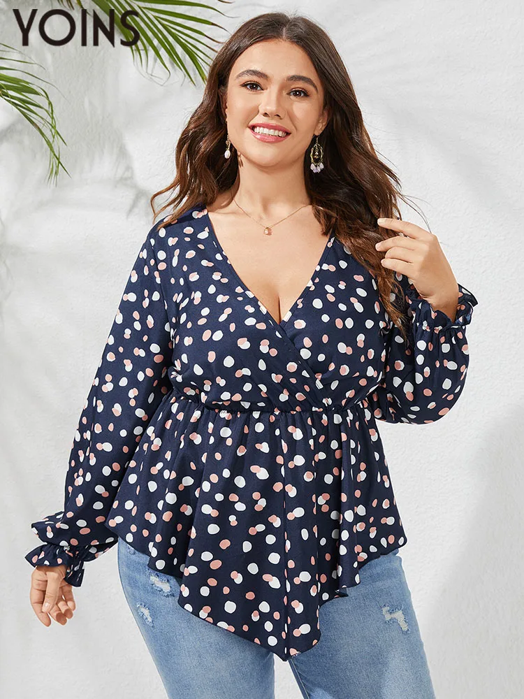 

YOINS Plus Size 4XL Women Blouse 2023 Autumn Sexy V Neck Dots Printed Shirts Party Tunic Tops Casual Pleated Long Sleeve Blusas
