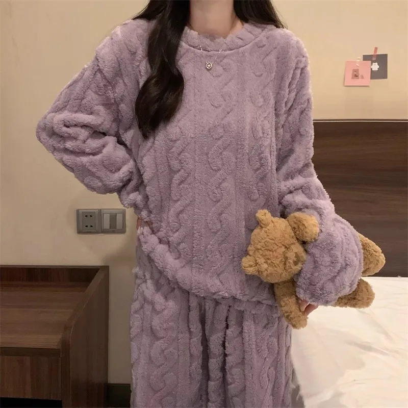 Thickened Warm Sleepwear for Winter Women Flannel Suit Student Pajamas Homewear Tops and Pants Striped Nightwear Loungewear Thickened Warm Sleepwear for Winter Women Flannel Suit Student Pajamas Homewear Tops and Pants Striped Nightwear Loungewear