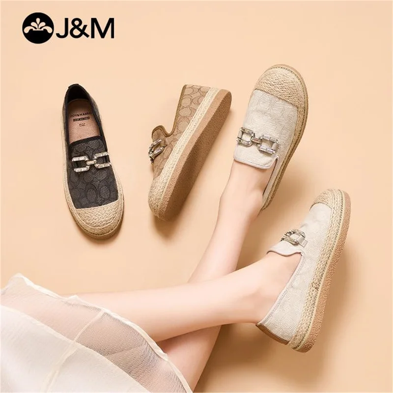 

J&M Women Fisherman Shoes 2024 Spring Rhinestone Espadrilles Flower Loafers Rubber Slip-on Lady Girl Casual Sneakers Zapatillas