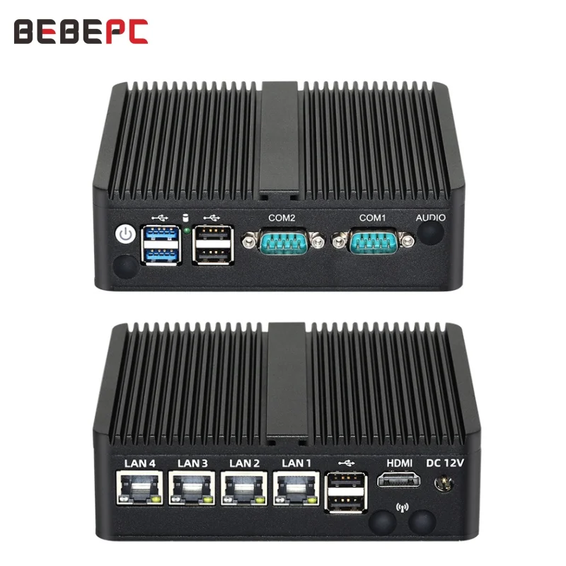 

BEBEPC Fanless Mini PC Celeron J6412 DDR4 M.2 NVMe 4*intel i225V 2.5G LAN RS232 RS485 DB9 Support WiFi 3G 4G LTE Windows 11 Linu