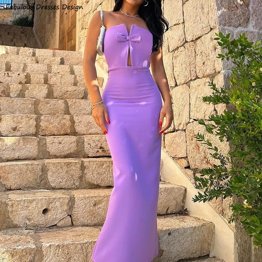 

Sexy Strapless Bow Rear Slit Bridesmaid Dresses Lavender Long Mermaid Backless Wedding Guest Dress For Women Prom Party Gown