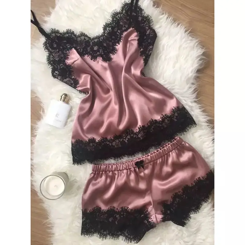 Ensemble de pyjama en dentelle sexy pour femme, haut et short à bretelles spaghetti, sous-vêtements à la mode, pyjama en fibre, 2 pièces 6