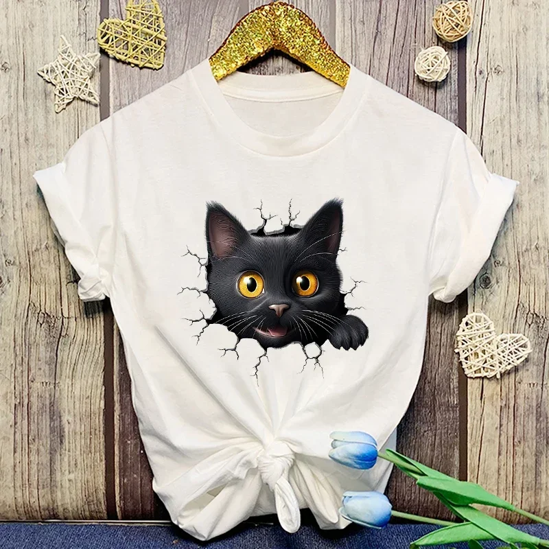 

2024 Summer Cotton Tops Cute Cat T Shirt Women Casual Personality Round Neck Short Sleeve Fashion T Shirt women clothing ts