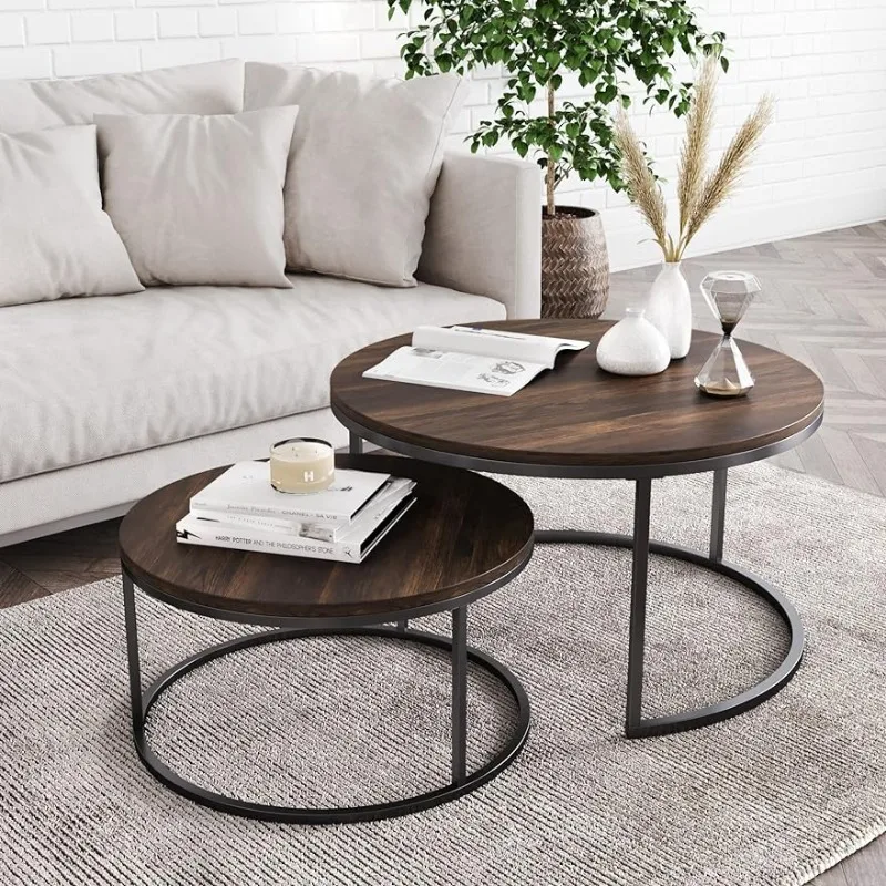 

Modern Nesting Coffee Set of 2, Stacking Living Room Accent Tables with an Industrial Wood Finish and Powder Coated Metal Frame