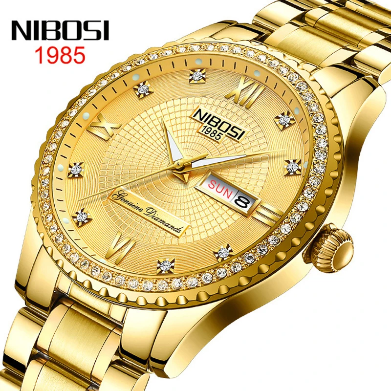 

NIBOSI Luxury Gold Quartz Watch for Men Stainless Steel Waterproof Luminous Week Date Fashion Mens Watches Relogio Masculino