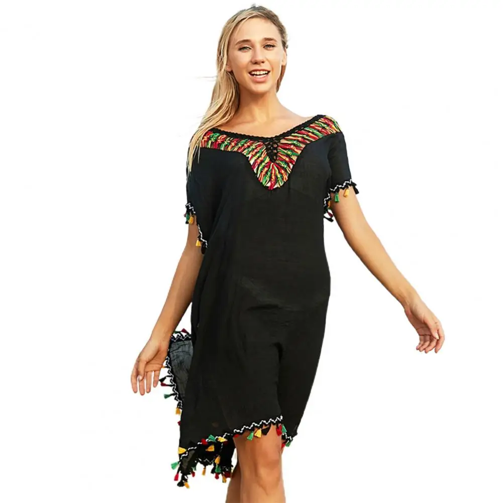 Bikini Cover-up Tassel Color Matching Short Sleeves Loose Above Knee Length Sunscreen V Neck Batwing Sleeve Women Beach Dress Fe
Bikini Cover-up Tassel Color Matching Short Sleeves Loose Above Knee Length Sunscreen V Neck Batwing Sleeve Women Beach Dress Fe